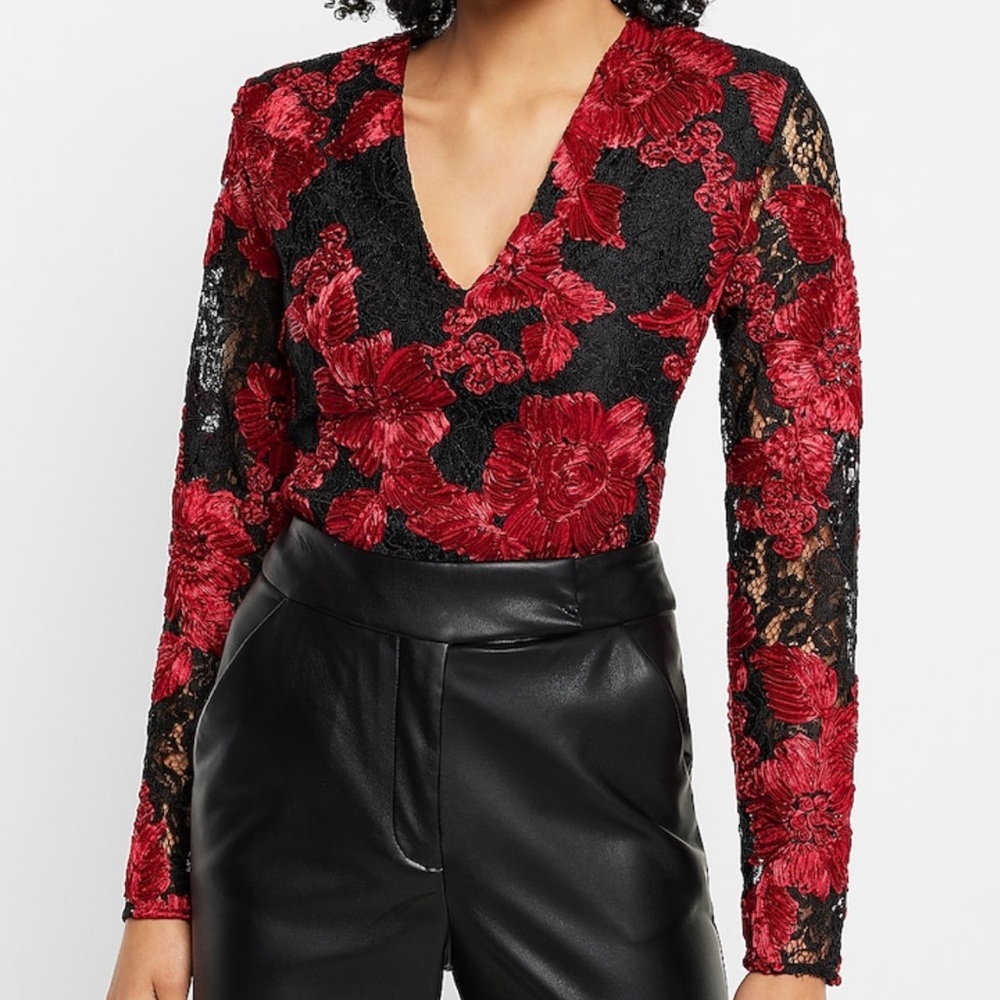 Express Lace Embroidered Red Black Floral Long Sleeve Thong Bodysuit V Neck Sz S
